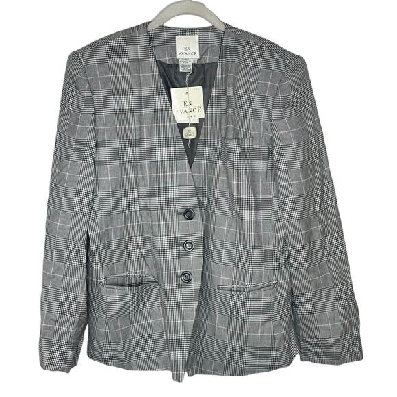 Vtg En Avance Women’s Button Houndstooth Gray V Neck Blazer Size 12 New - Picture 1 of 5